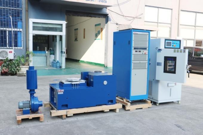 Electrodynamic vibration testing device — side view showing horizontal stand and extended bench